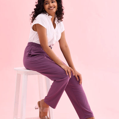 Women Solid Purple Mid Rise Casual Rib Pants
