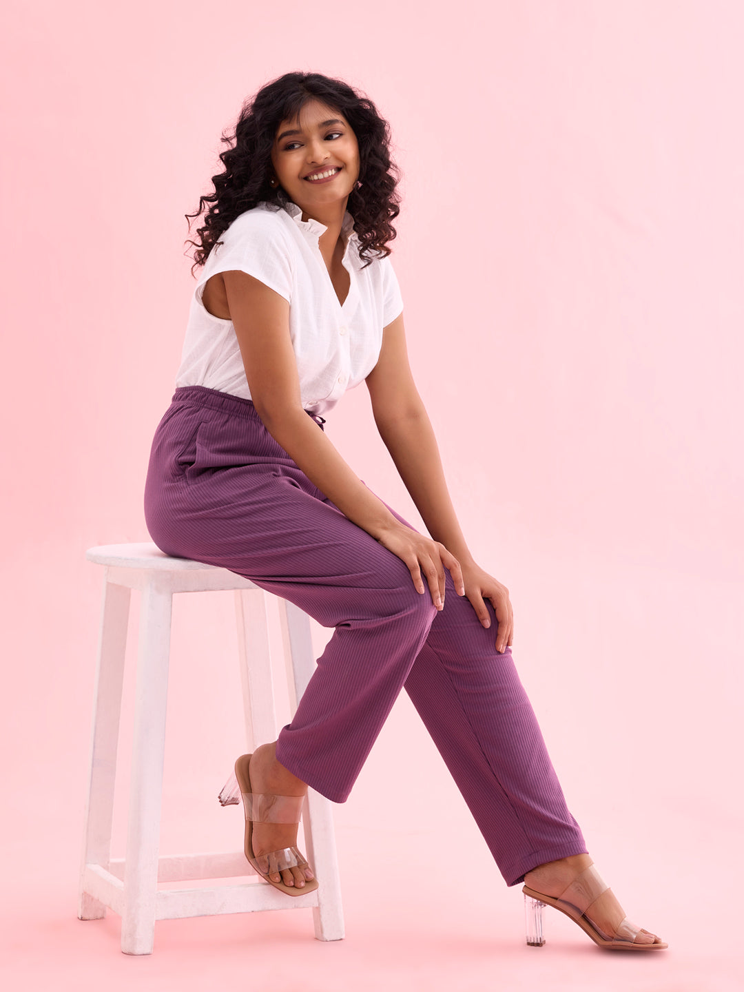 Women Solid Purple Mid Rise Casual Rib Pants