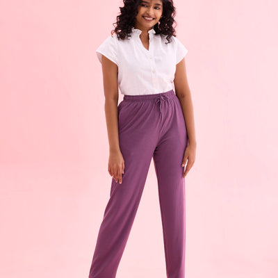 Women Solid Purple Mid Rise Casual Rib Pants