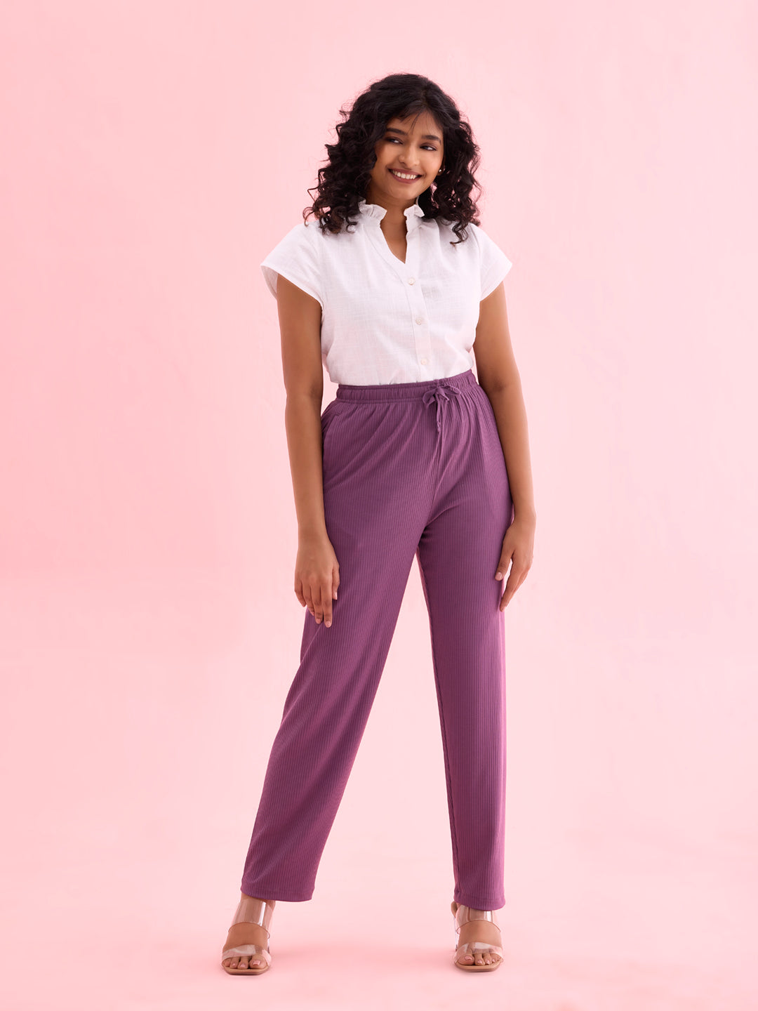 Women Solid Purple Mid Rise Casual Rib Pants