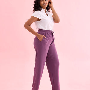 Women Solid Purple Mid Rise Casual Rib Pants