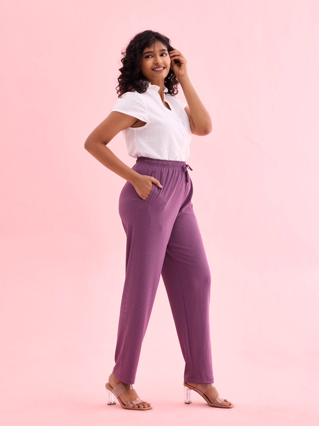 Women Solid Purple Mid Rise Casual Rib Pants