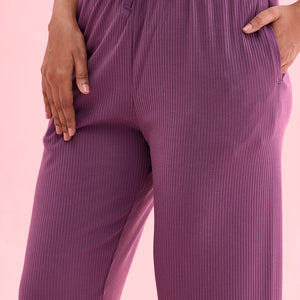 Women Solid Purple Mid Rise Casual Rib Pants