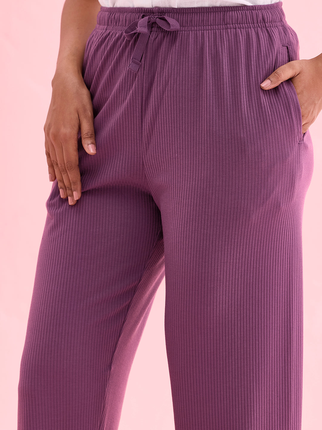 Women Solid Purple Mid Rise Casual Rib Pants