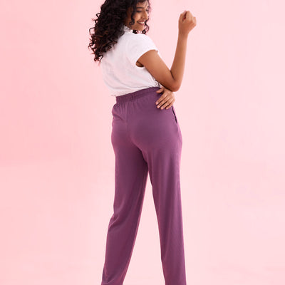 Women Solid Purple Mid Rise Casual Rib Pants
