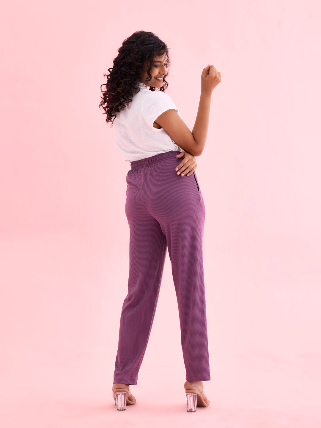 Women Solid Purple Mid Rise Casual Rib Pants