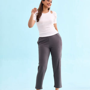Women Solid Silver Grey Mid Rise Casual Rib Pants