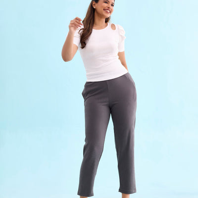 Women Solid Silver Grey Mid Rise Casual Rib Pants