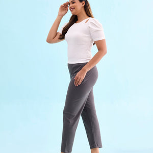 Women Solid Silver Grey Mid Rise Casual Rib Pants
