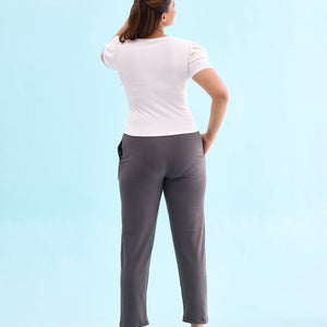 Women Solid Silver Grey Mid Rise Casual Rib Pants