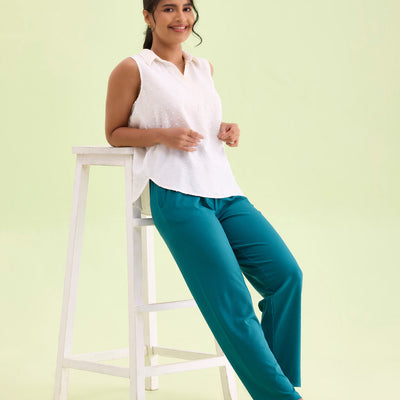 Women Solid Teal Mid Rise Casual Rib Pants