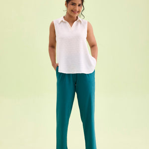 Women Solid Teal Mid Rise Casual Rib Pants