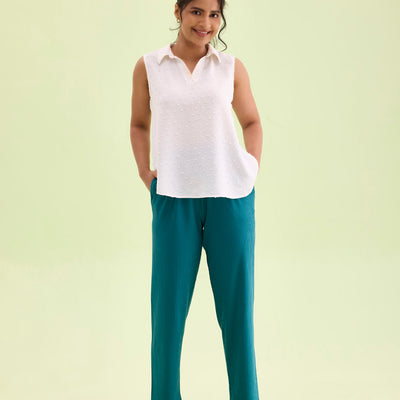 Women Solid Teal Mid Rise Casual Rib Pants