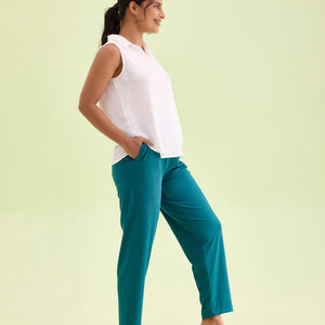 Women Solid Teal Mid Rise Casual Rib Pants