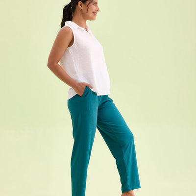 Women Solid Teal Mid Rise Casual Rib Pants
