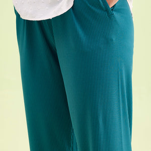 Women Solid Teal Mid Rise Casual Rib Pants