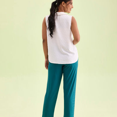 Women Solid Teal Mid Rise Casual Rib Pants