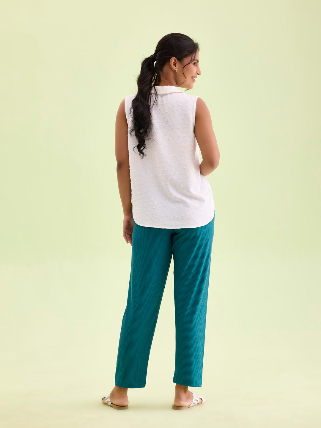 Women Solid Teal Mid Rise Casual Rib Pants