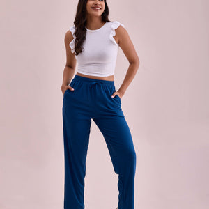 Women Solid Turquoise Blue Mid Rise Casual Rib Pants