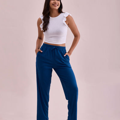 Women Solid Turquoise Blue Mid Rise Casual Rib Pants