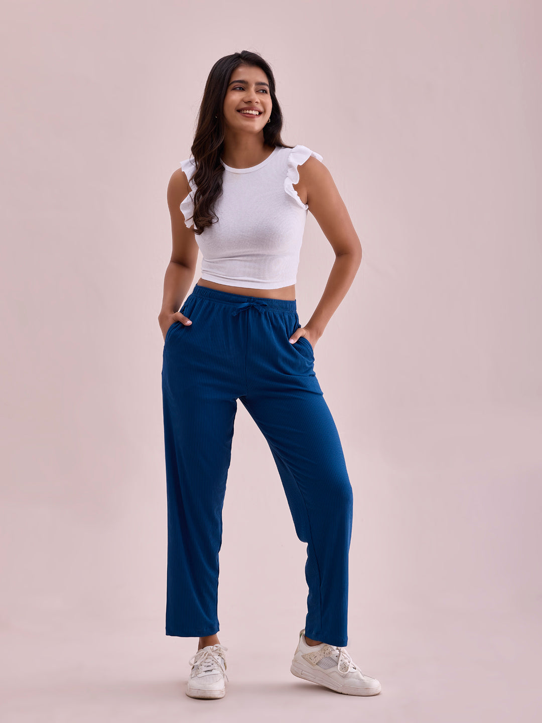 Women Solid Turquoise Blue Mid Rise Casual Rib Pants