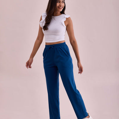 Women Solid Turquoise Blue Mid Rise Casual Rib Pants