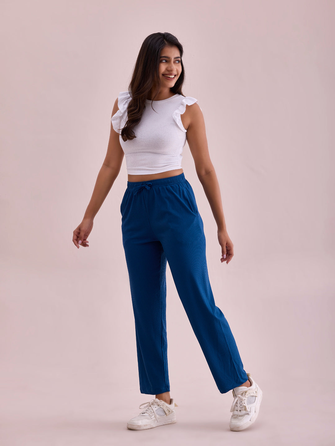 Women Solid Turquoise Blue Mid Rise Casual Rib Pants