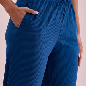 Women Solid Turquoise Blue Mid Rise Casual Rib Pants