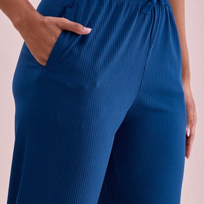 Women Solid Turquoise Blue Mid Rise Casual Rib Pants