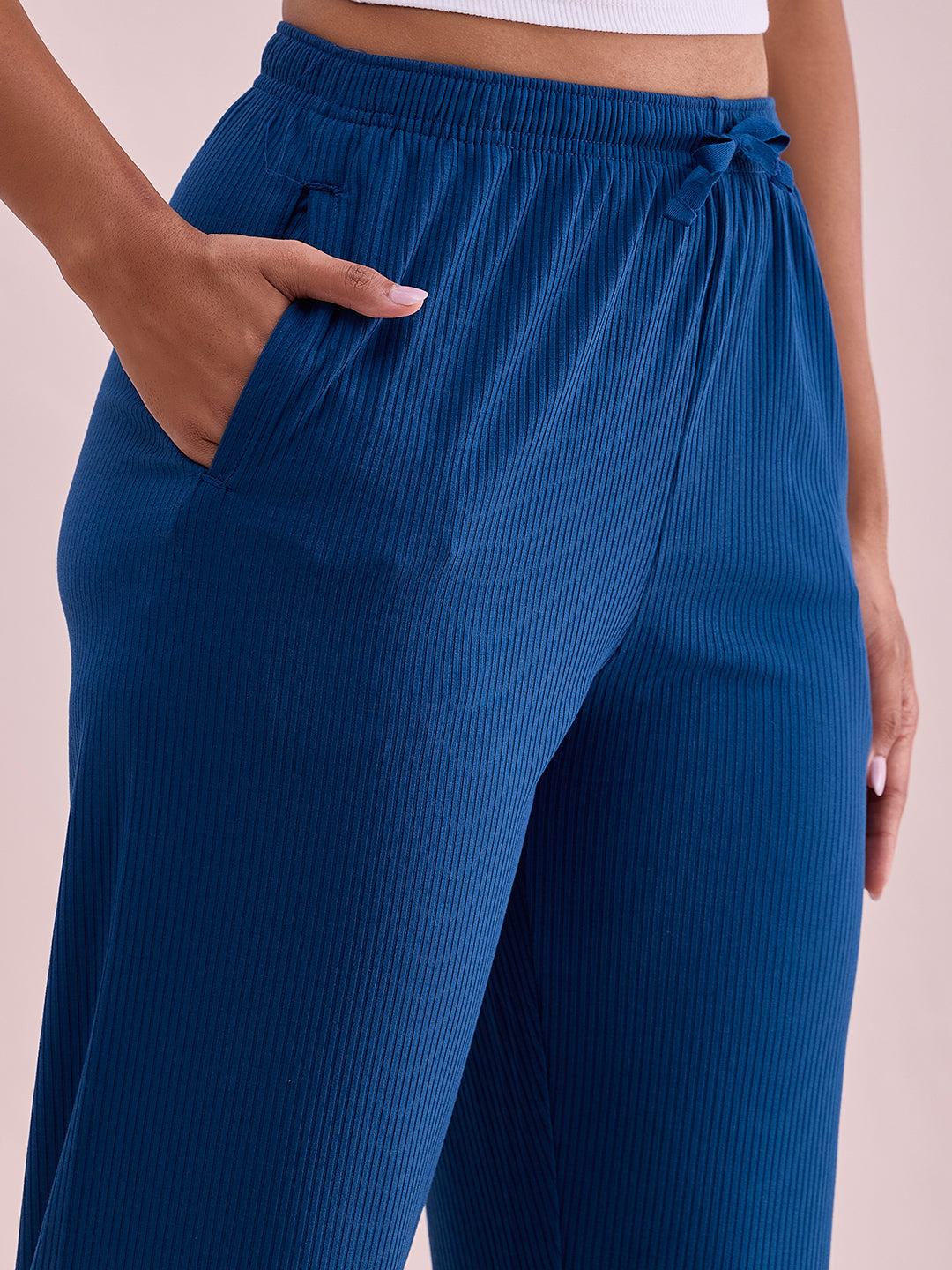 Women Solid Turquoise Blue Mid Rise Casual Rib Pants