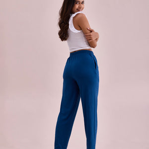 Women Solid Turquoise Blue Mid Rise Casual Rib Pants