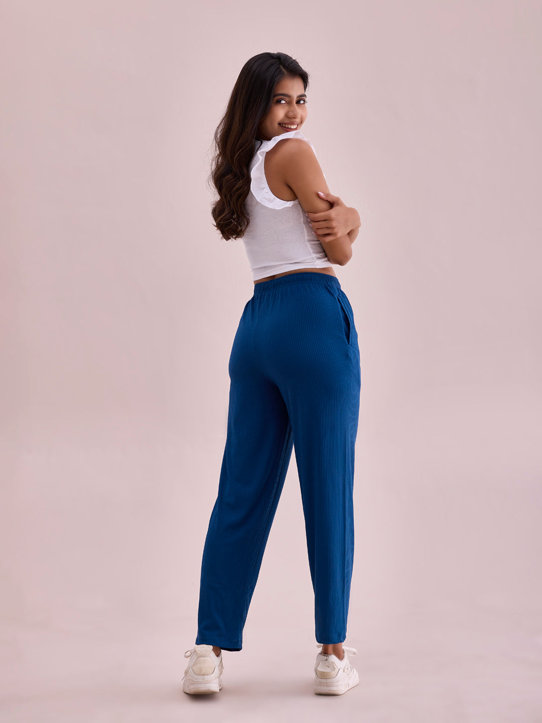Women Solid Turquoise Blue Mid Rise Casual Rib Pants
