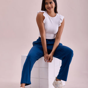 Women Solid Turquoise Blue Mid Rise Casual Rib Pants