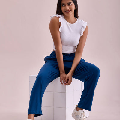 Women Solid Turquoise Blue Mid Rise Casual Rib Pants