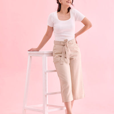 Women Solid Light Beige Linen Mid Rise Culottes