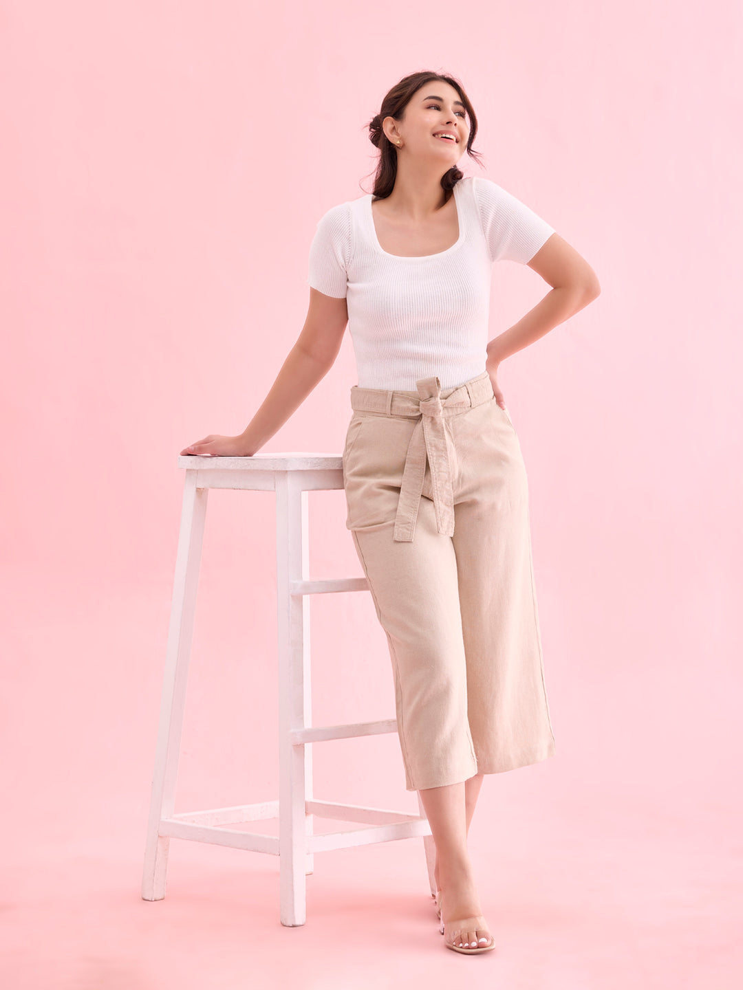 Women Solid Light Beige Linen Mid Rise Culottes