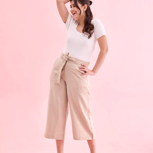 Women Solid Light Beige Linen Mid Rise Culottes
