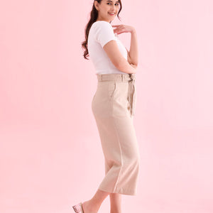 Women Solid Light Beige Linen Mid Rise Culottes