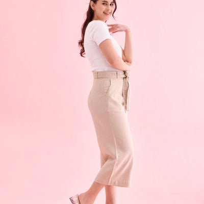 Women Solid Light Beige Linen Mid Rise Culottes