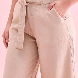 Women Solid Light Beige Linen Mid Rise Culottes