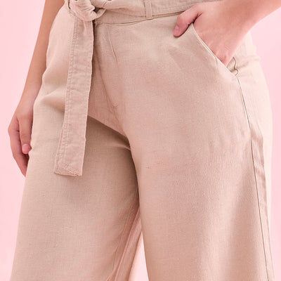 Women Solid Light Beige Linen Mid Rise Culottes