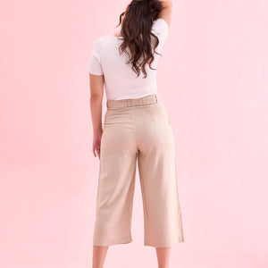 Women Solid Light Beige Linen Mid Rise Culottes