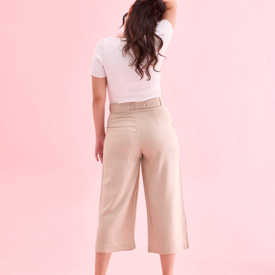 Women Solid Light Beige Linen Mid Rise Culottes