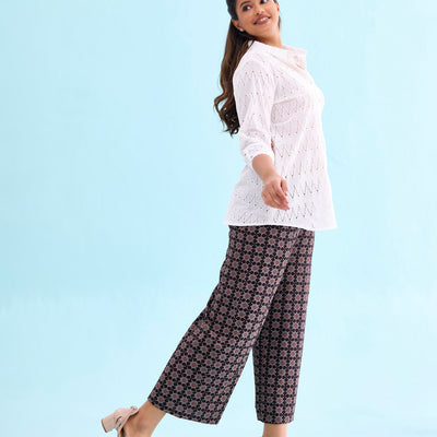 Women Black Viscose Mid Rise Printed Palazzo