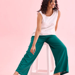Women Solid Bottle Green Woven Viscose Mid Rise Basic Palazzos