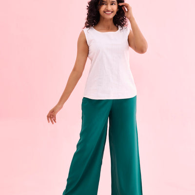Women Solid Bottle Green Woven Viscose Mid Rise Basic Palazzos