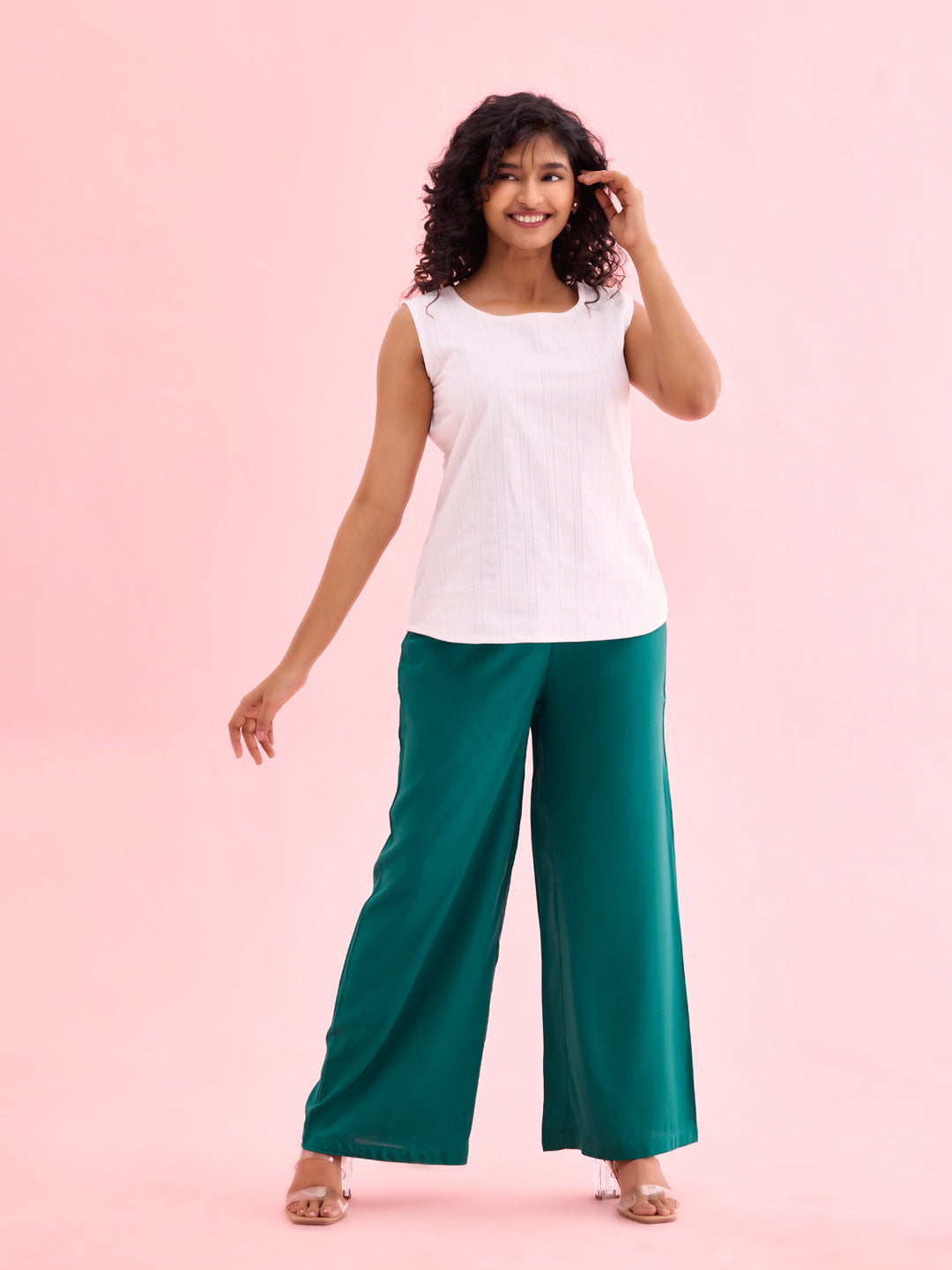 Women Solid Bottle Green Woven Viscose Mid Rise Basic Palazzos