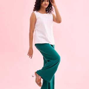 Women Solid Bottle Green Woven Viscose Mid Rise Basic Palazzos