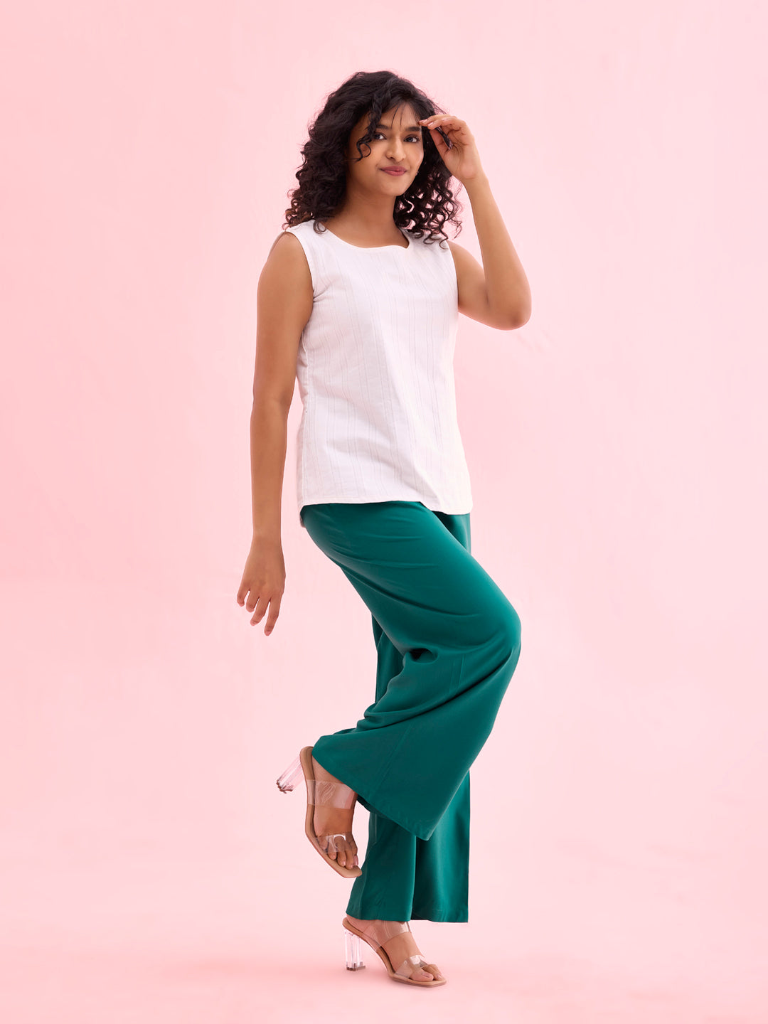 Women Solid Bottle Green Woven Viscose Mid Rise Basic Palazzos