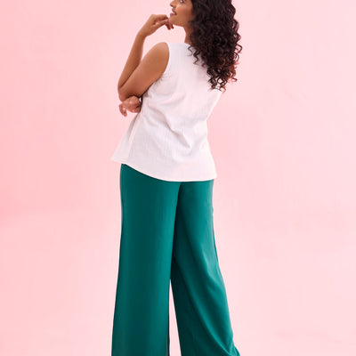 Women Solid Bottle Green Woven Viscose Mid Rise Basic Palazzos